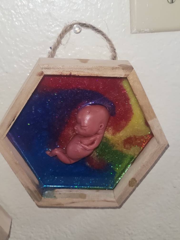 Ready to ship 13 week gestational silicone fetus in Beautiful wood frame with resin RAINBOW background