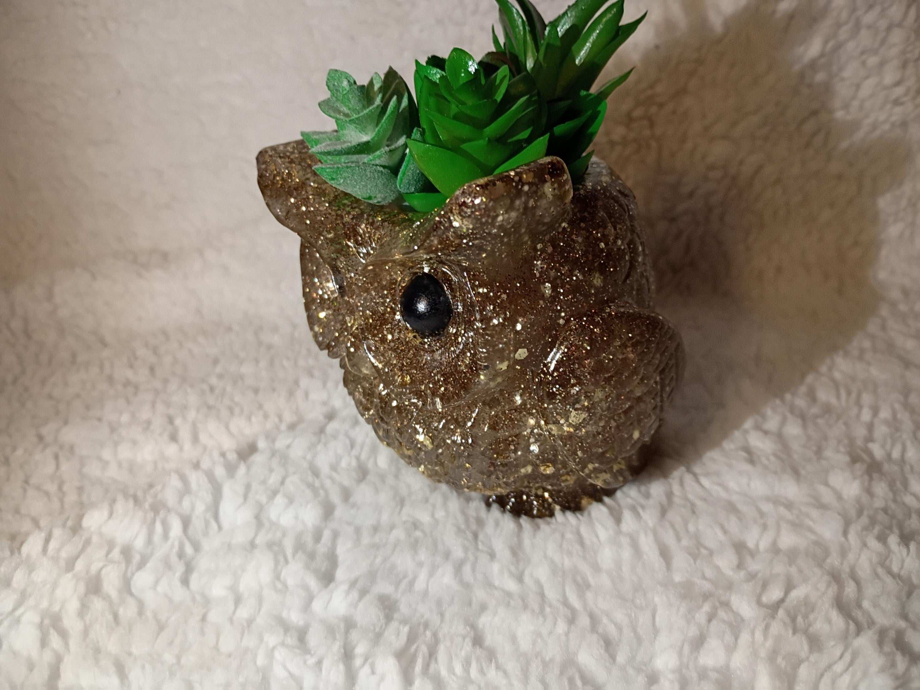 glitter, shimmer or solid Resin owl planter with succulents choose color