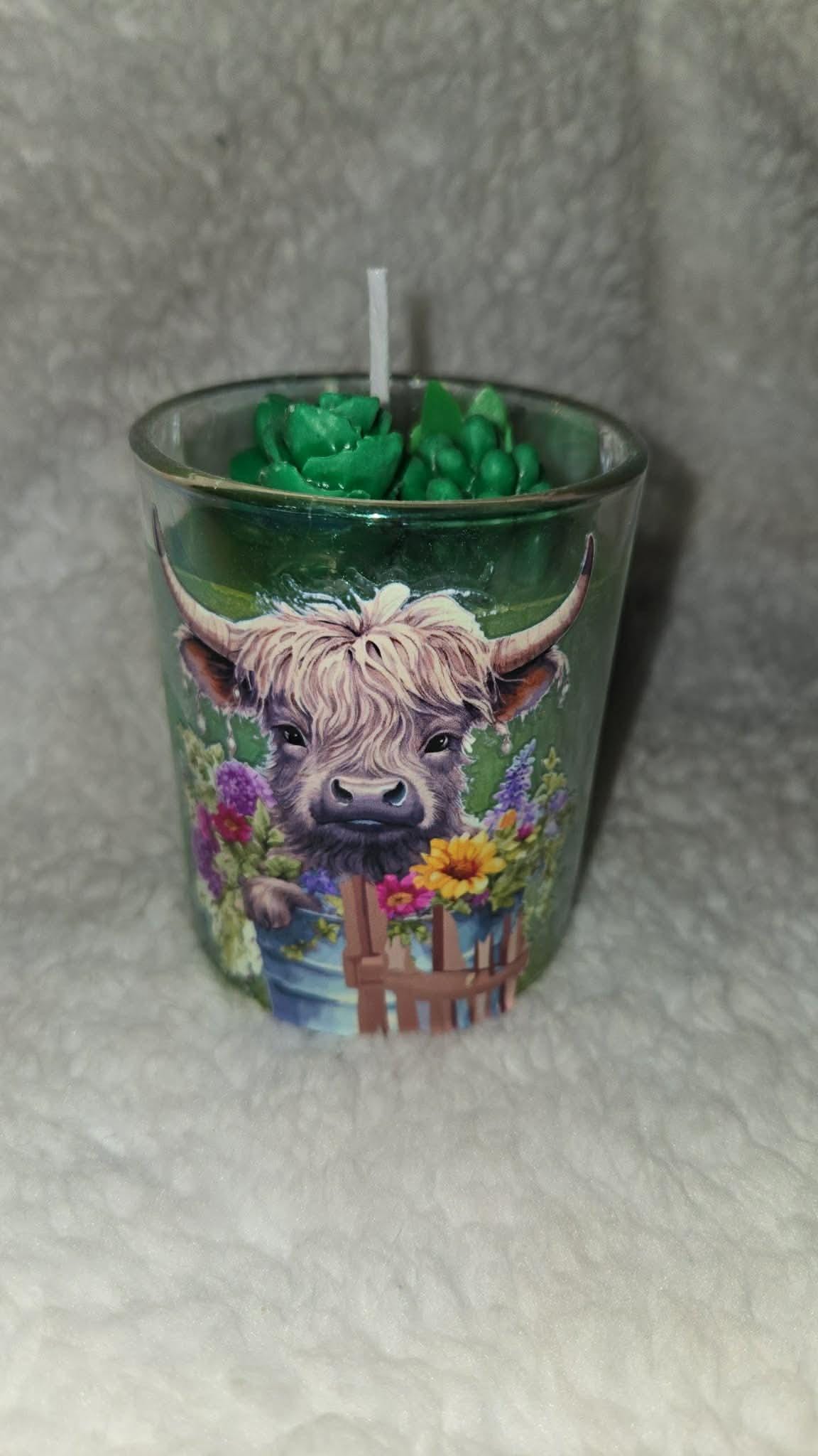 Highland Cow Candle with Succulent Topper