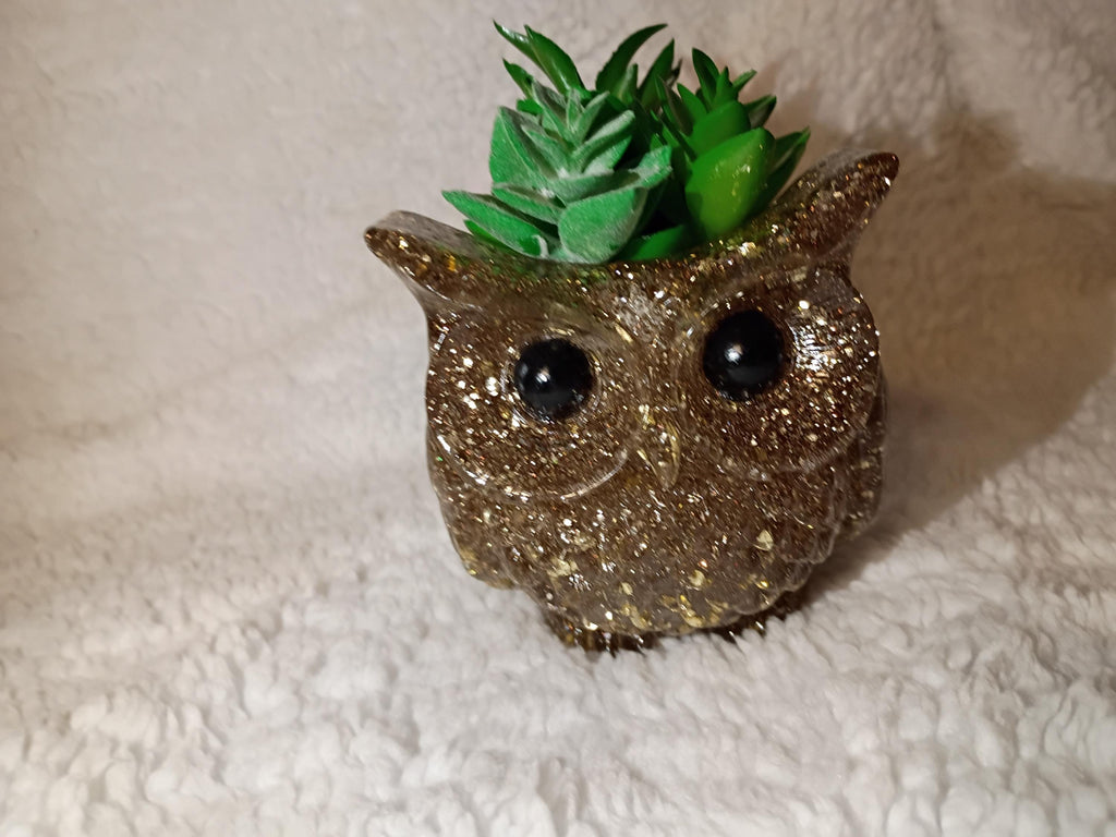 glitter, shimmer or solid Resin owl planter with succulents choose color